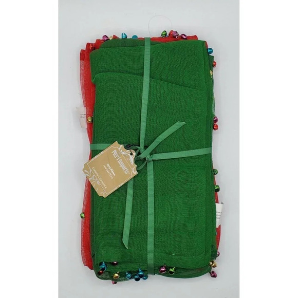 Pier 1 Red Green Sheer Napkins Set of 4 with Red Green Jingle Bells NWT - Picture 3 of 9